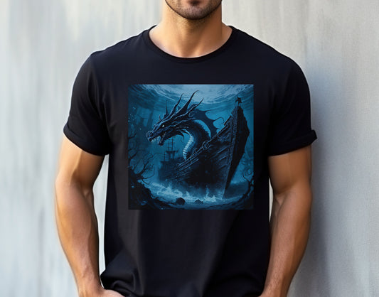 Blue Dragon Shipwreck Fantasy Art T-Shirt