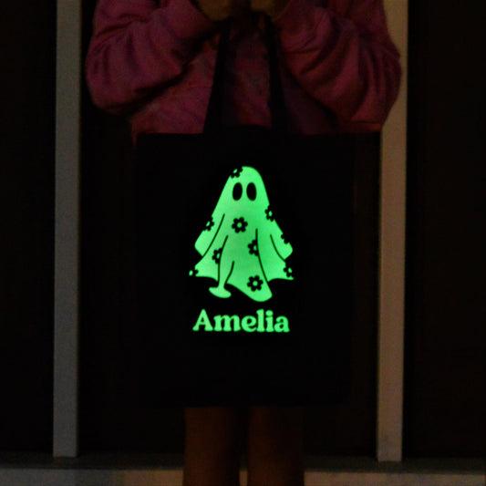 GLOW in the Dark Floral Ghost TRICK or TREAT Bag